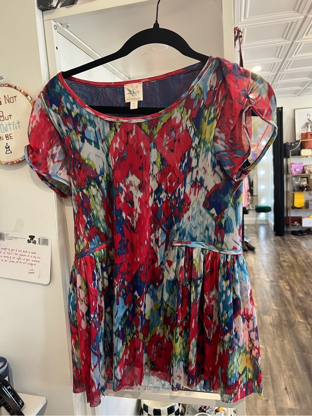 Sheer Floral Mesh Peplum Top — Red Multicolor
